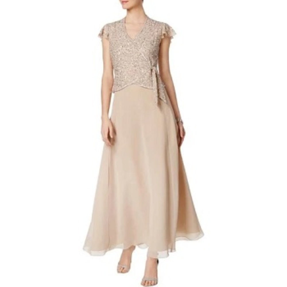Jkara Flutter sleeve beaded gown. sz 8